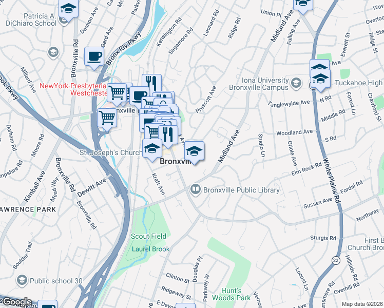 map of restaurants, bars, coffee shops, grocery stores, and more near in Bronxville
