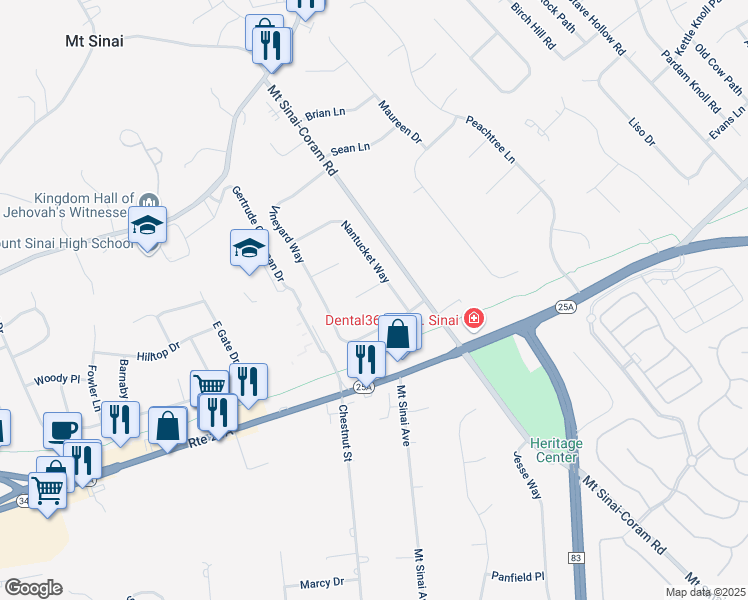 map of restaurants, bars, coffee shops, grocery stores, and more near 35 Vineyard Way in Mount Sinai