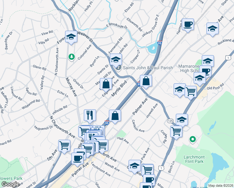 map of restaurants, bars, coffee shops, grocery stores, and more near 65 Myrtle Boulevard in Larchmont