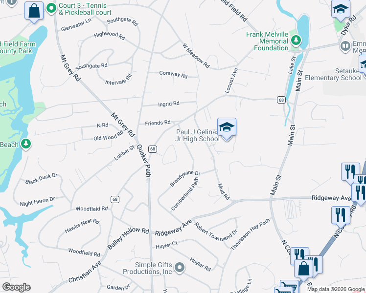 map of restaurants, bars, coffee shops, grocery stores, and more near 6 Settlers Way in Setauket- East Setauket