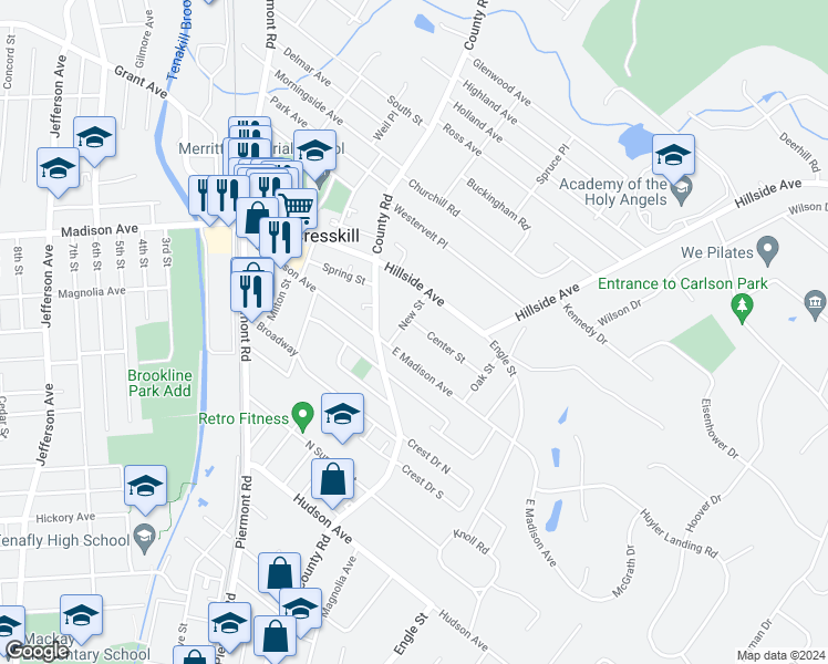 map of restaurants, bars, coffee shops, grocery stores, and more near 10 Center Street in Cresskill