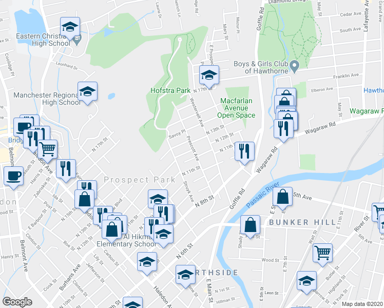 map of restaurants, bars, coffee shops, grocery stores, and more near 122 Prescott Avenue in Prospect Park