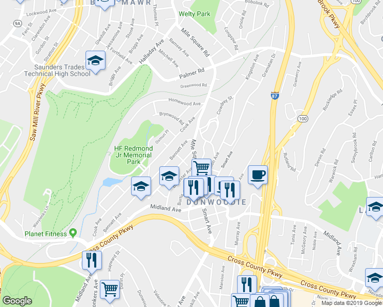 map of restaurants, bars, coffee shops, grocery stores, and more near 24 Ashford Place in Yonkers