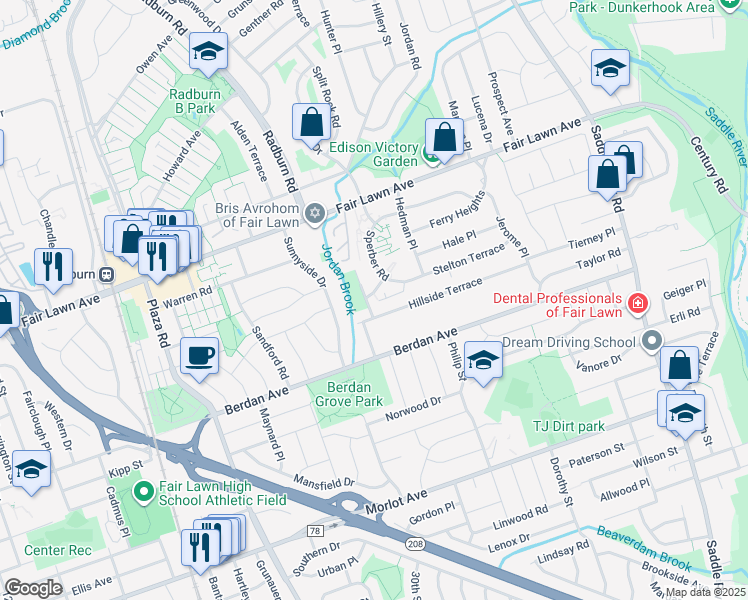 map of restaurants, bars, coffee shops, grocery stores, and more near 12-25 Sampson Road in Fair Lawn