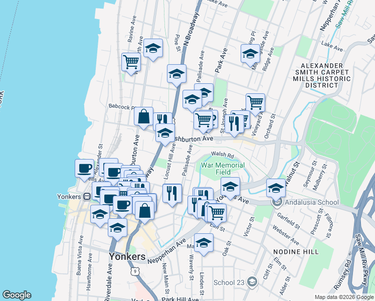 map of restaurants, bars, coffee shops, grocery stores, and more near 157 Palisade Avenue in Yonkers