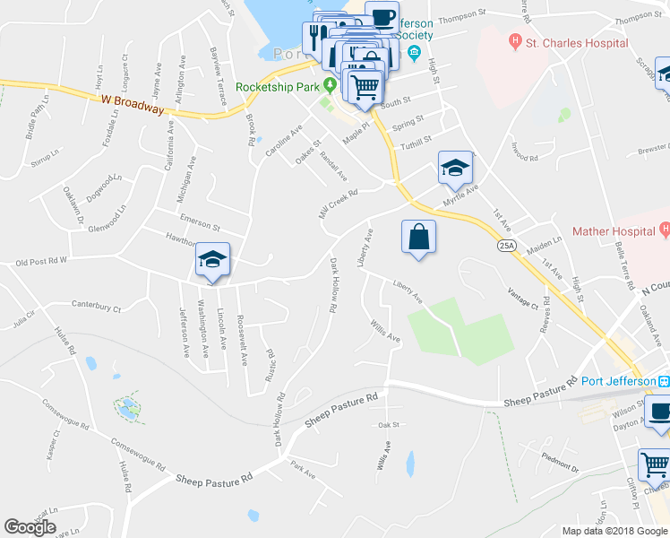map of restaurants, bars, coffee shops, grocery stores, and more near 3 Dark Hollow Road in Port Jefferson