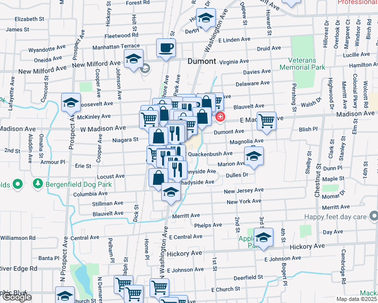 map of restaurants, bars, coffee shops, grocery stores, and more near 16 Short Street in Dumont