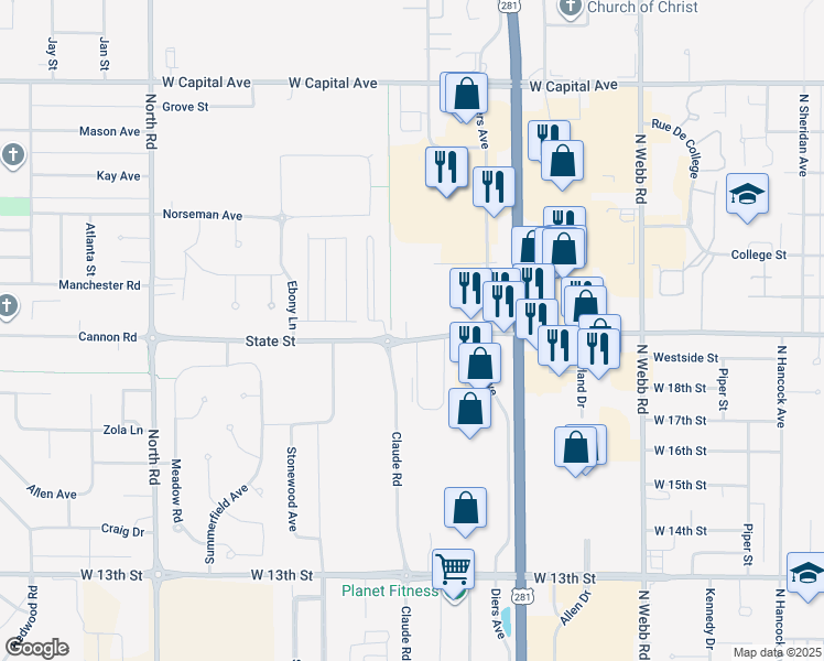 map of restaurants, bars, coffee shops, grocery stores, and more near 3690 West State Street in Grand Island