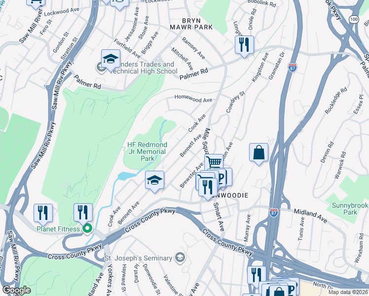 map of restaurants, bars, coffee shops, grocery stores, and more near 174 Bennett Avenue in Yonkers
