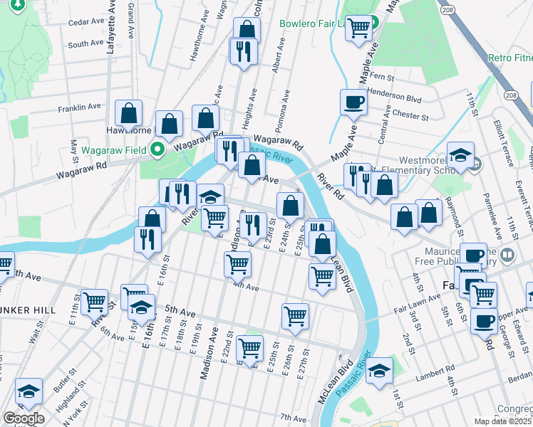 map of restaurants, bars, coffee shops, grocery stores, and more near 63 2nd Avenue in Paterson