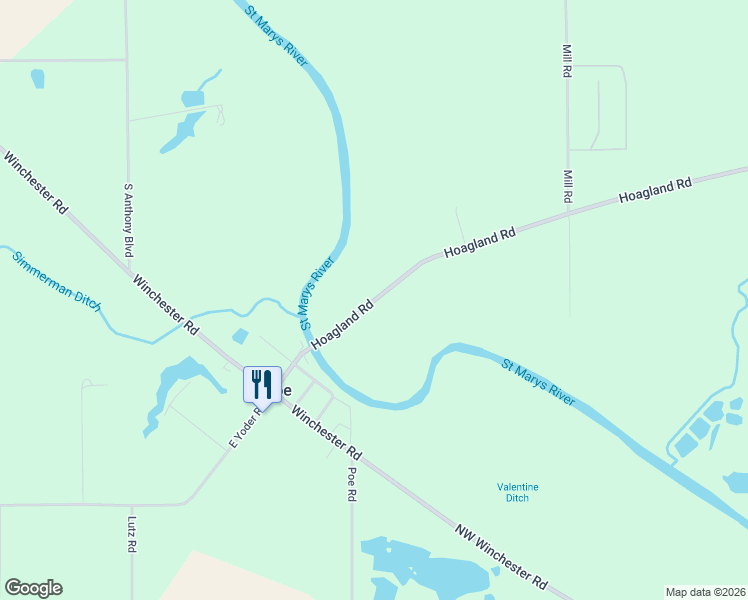 map of restaurants, bars, coffee shops, grocery stores, and more near 4105 Hoagland Road in Fort Wayne