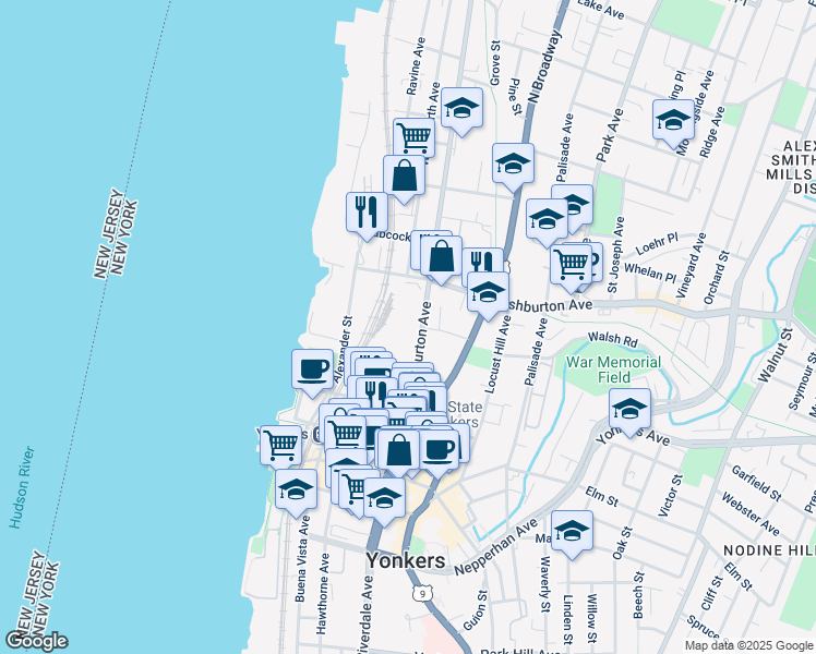 map of restaurants, bars, coffee shops, grocery stores, and more near 131 Warburton Avenue in Yonkers