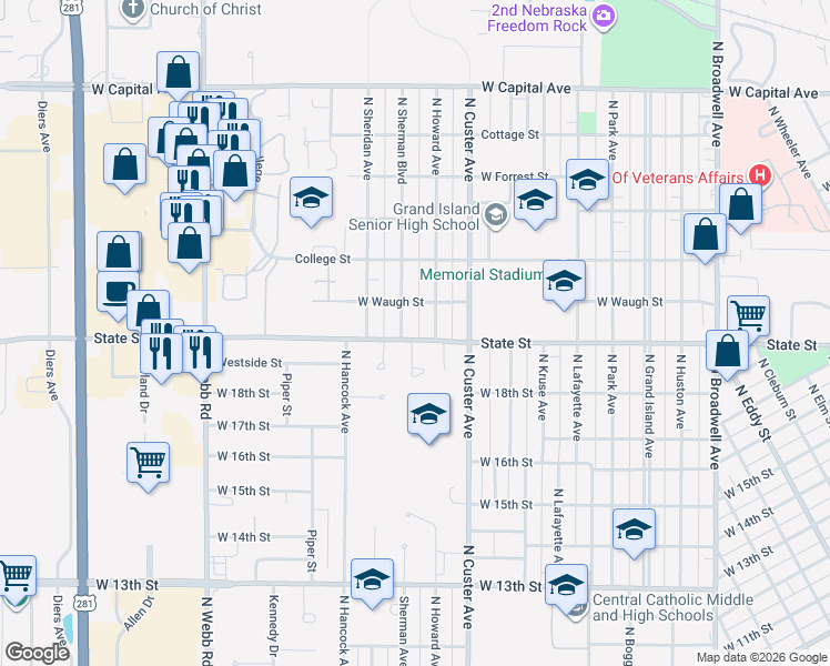 map of restaurants, bars, coffee shops, grocery stores, and more near 1926 North Howard Avenue in Grand Island