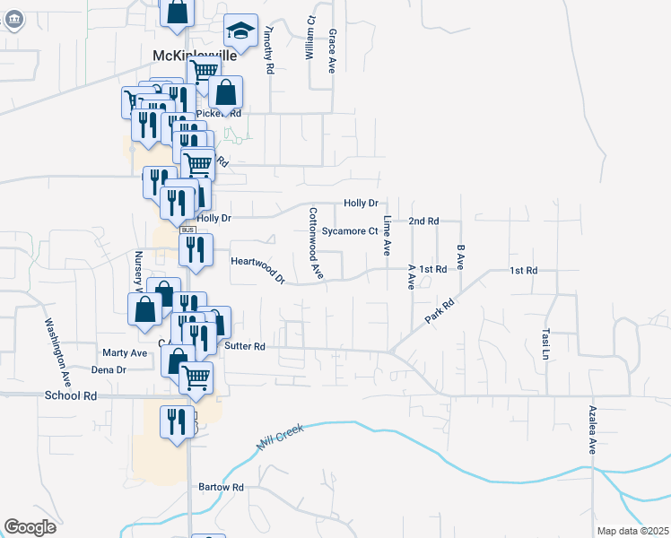 map of restaurants, bars, coffee shops, grocery stores, and more near 1965 Juniper Avenue in McKinleyville