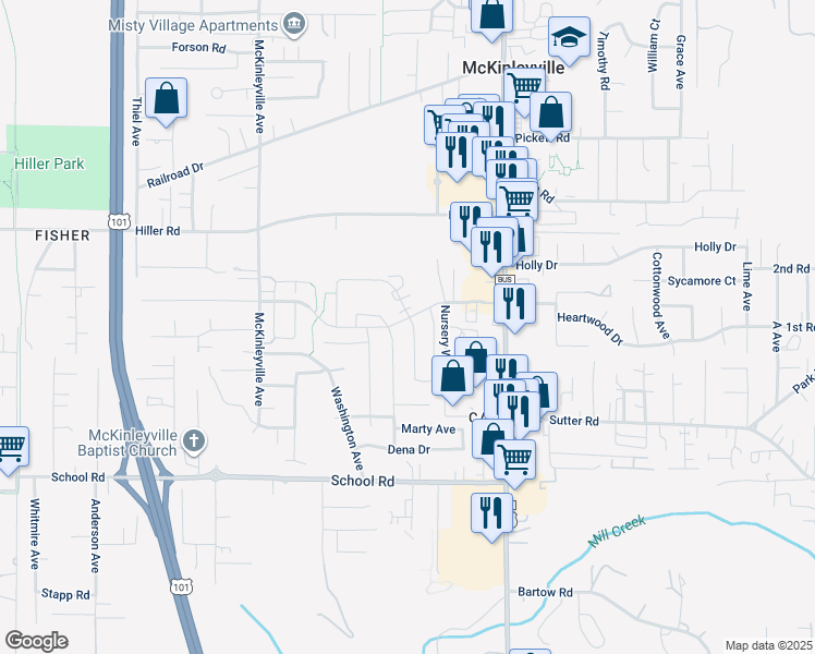 map of restaurants, bars, coffee shops, grocery stores, and more near 1987 Sagewood Way in McKinleyville