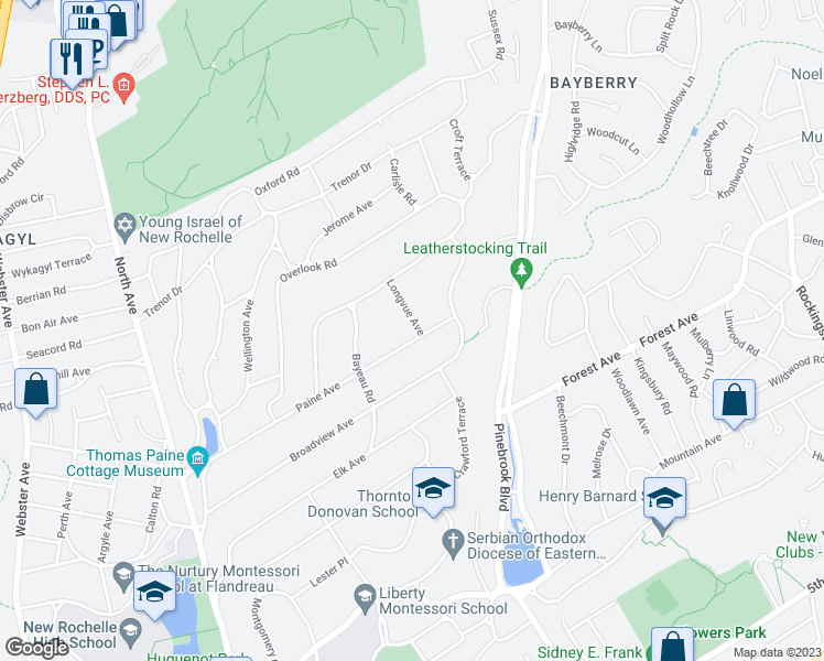 map of restaurants, bars, coffee shops, grocery stores, and more near 34 Longvue Avenue in New Rochelle