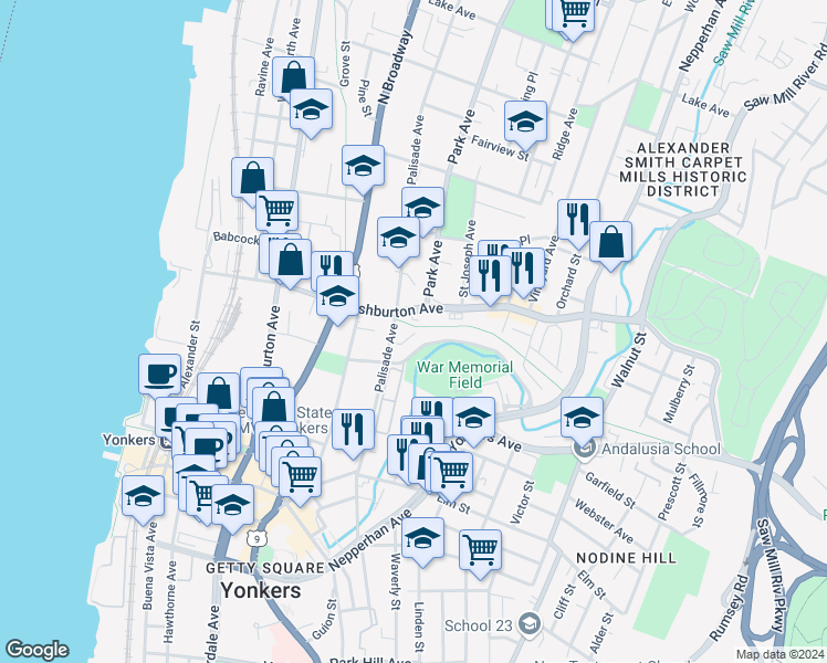 map of restaurants, bars, coffee shops, grocery stores, and more near 99 Ashburton Avenue in Yonkers
