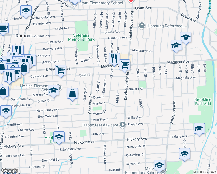 map of restaurants, bars, coffee shops, grocery stores, and more near 61 Stanley Street in Dumont