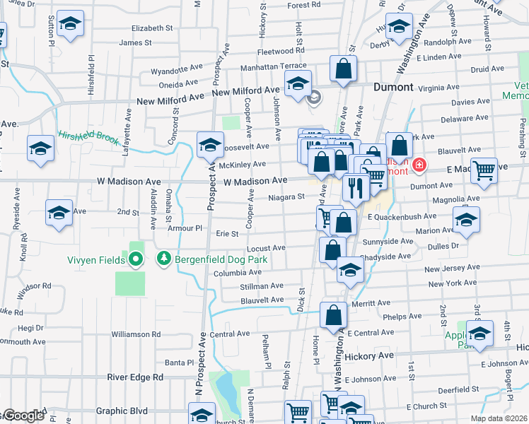 map of restaurants, bars, coffee shops, grocery stores, and more near 73 Niagara Street in Dumont