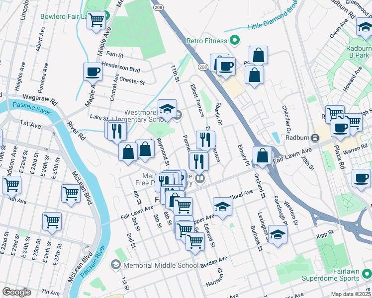 map of restaurants, bars, coffee shops, grocery stores, and more near 16-14 Parmelee Avenue in Fair Lawn
