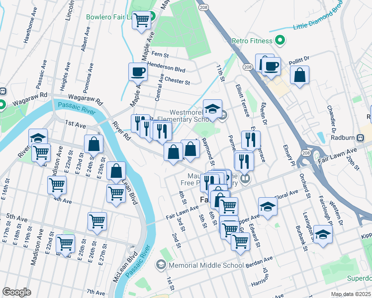 map of restaurants, bars, coffee shops, grocery stores, and more near 7-51 Richard Street in Fair Lawn