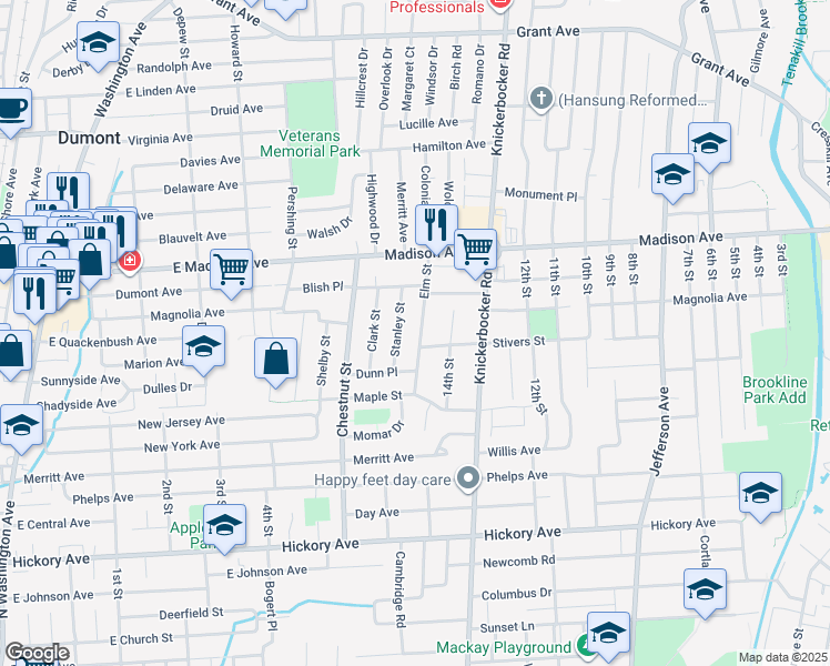 map of restaurants, bars, coffee shops, grocery stores, and more near 61 Stanley Street in Dumont