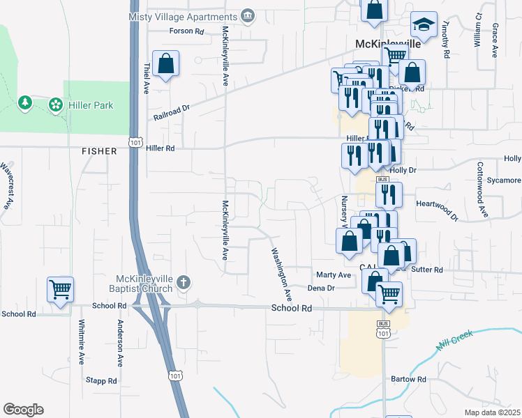 map of restaurants, bars, coffee shops, grocery stores, and more near 1585 Heartwood Drive in McKinleyville