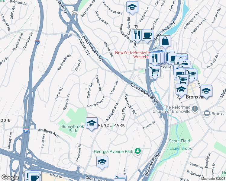map of restaurants, bars, coffee shops, grocery stores, and more near 25 Moore Road in Yonkers