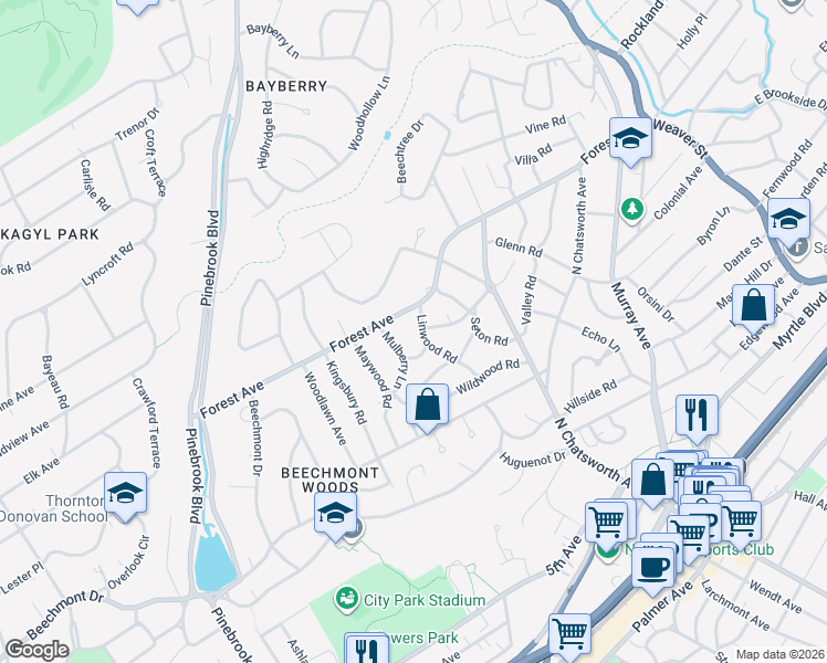 map of restaurants, bars, coffee shops, grocery stores, and more near 550 Forest Avenue in New Rochelle