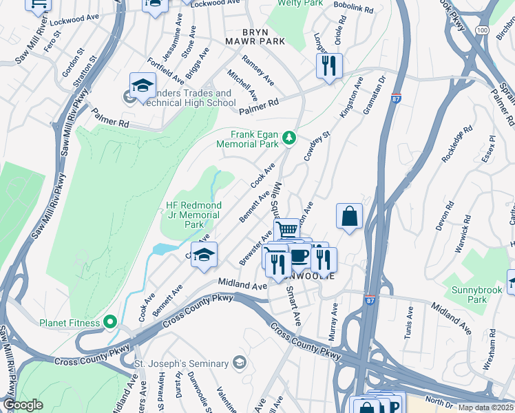 map of restaurants, bars, coffee shops, grocery stores, and more near 229 Bennett Avenue in Yonkers