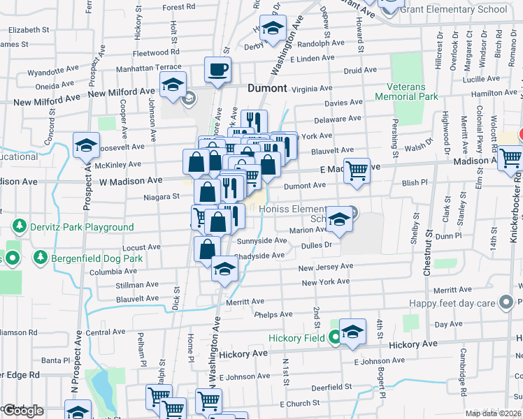 map of restaurants, bars, coffee shops, grocery stores, and more near 26 Magnolia Avenue in Dumont