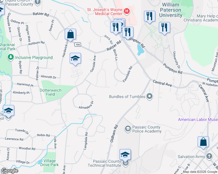 map of restaurants, bars, coffee shops, grocery stores, and more near 20 Finley Lane in Wayne