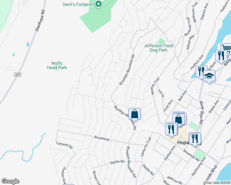 map of restaurants, bars, coffee shops, grocery stores, and more near 621 Brooklyn Mountain Road in Hopatcong
