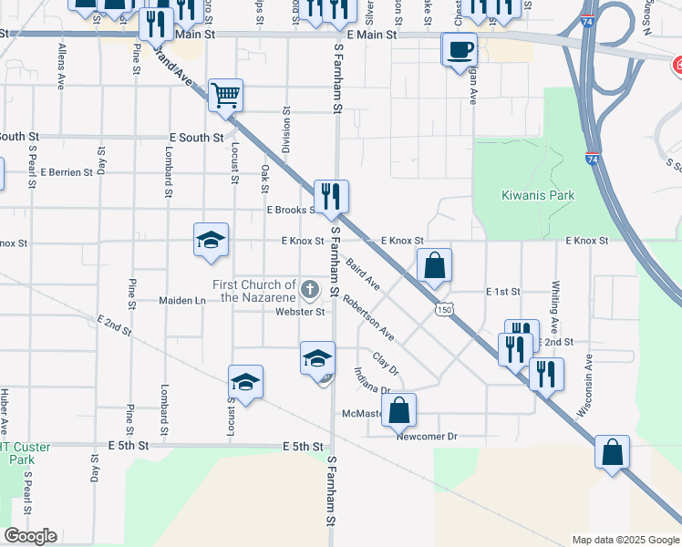 map of restaurants, bars, coffee shops, grocery stores, and more near 1601-1799 Baird Ave in Galesburg