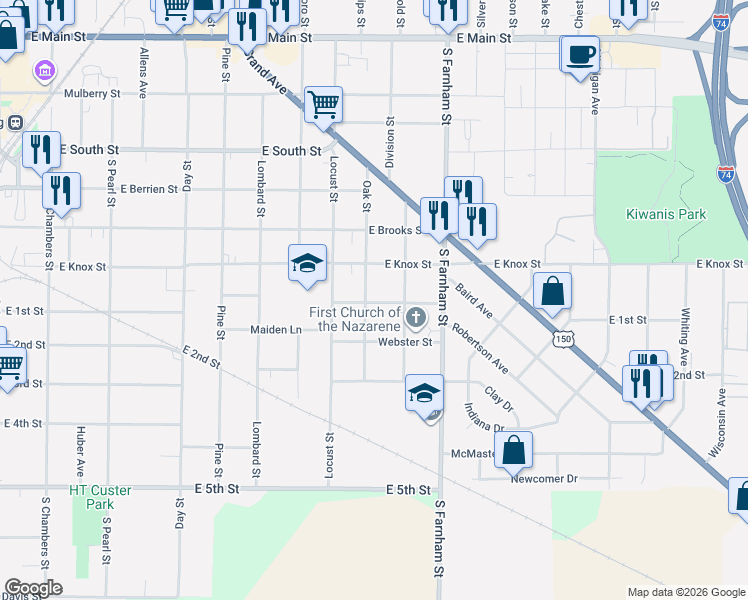 map of restaurants, bars, coffee shops, grocery stores, and more near 1470 East Knox Street in Galesburg
