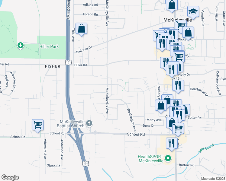 map of restaurants, bars, coffee shops, grocery stores, and more near Maplewood Drive in McKinleyville