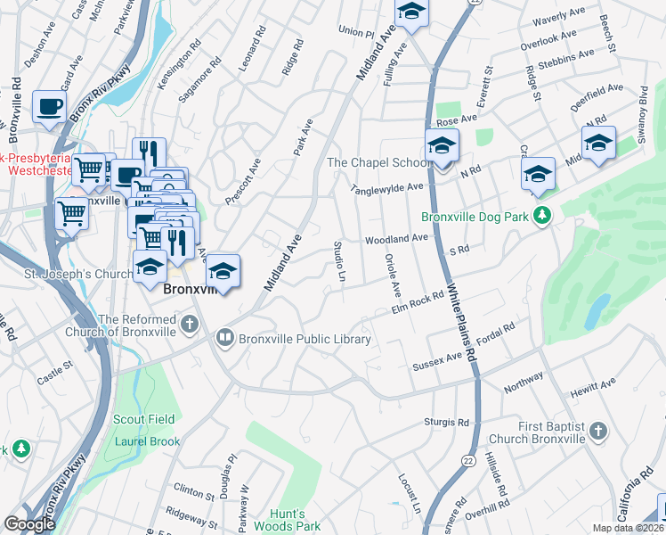 map of restaurants, bars, coffee shops, grocery stores, and more near 18 Hawthorne Road in Bronxville