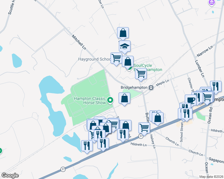 map of restaurants, bars, coffee shops, grocery stores, and more near 221 Snake Hollow Road in Bridgehampton