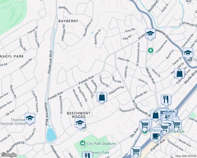 map of restaurants, bars, coffee shops, grocery stores, and more near 550 Forest Avenue in New Rochelle