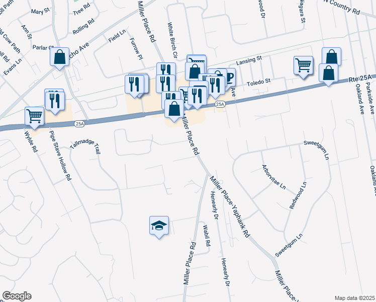 map of restaurants, bars, coffee shops, grocery stores, and more near in Miller Place