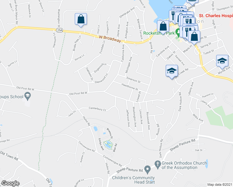 map of restaurants, bars, coffee shops, grocery stores, and more near 123 Old Post Road in Port Jefferson