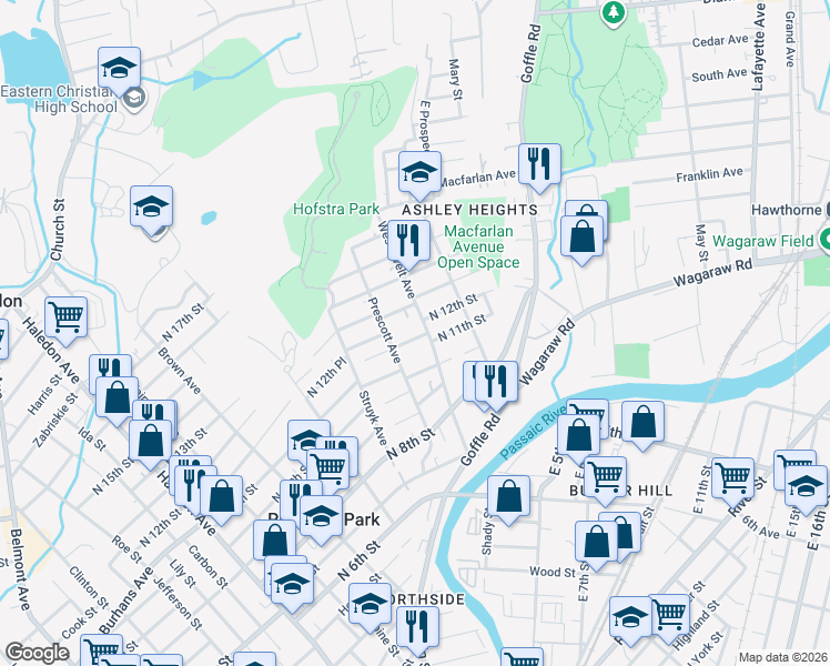 map of restaurants, bars, coffee shops, grocery stores, and more near 7 North 13th Street in Hawthorne