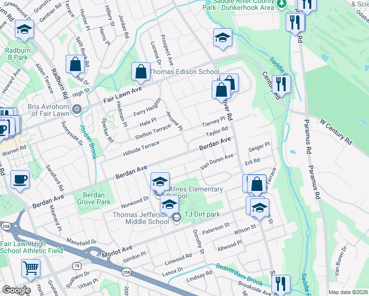 map of restaurants, bars, coffee shops, grocery stores, and more near 38-47 Taylor Road in Fair Lawn