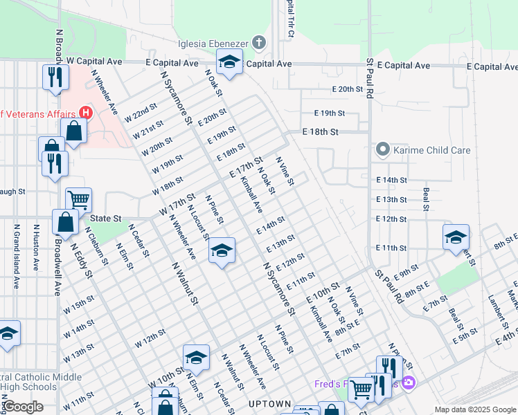 map of restaurants, bars, coffee shops, grocery stores, and more near 300 East 15th Street in Grand Island