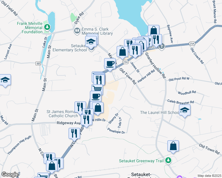 map of restaurants, bars, coffee shops, grocery stores, and more near 5 South Jersey Avenue in Setauket- East Setauket