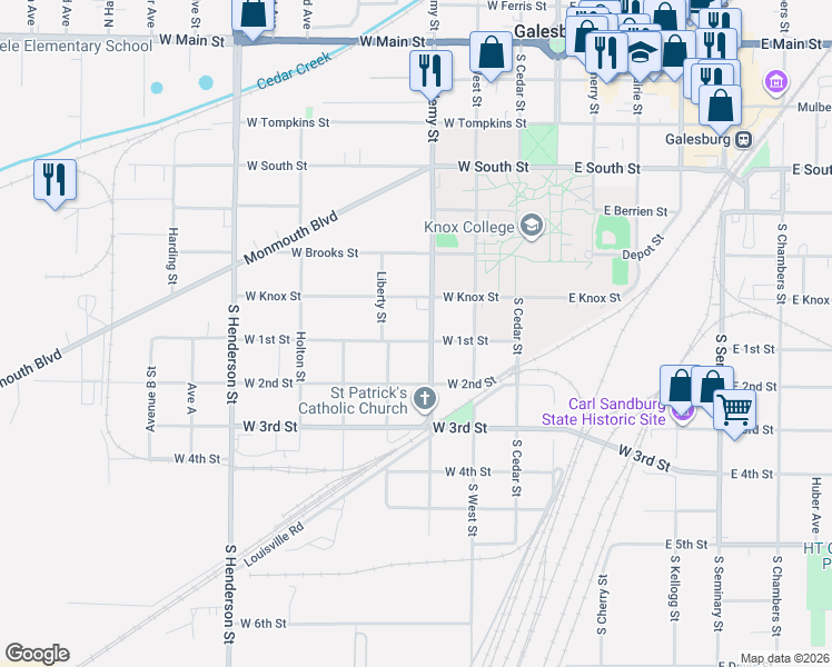 map of restaurants, bars, coffee shops, grocery stores, and more near 644-670 South Academy Street in Galesburg