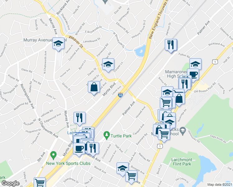 map of restaurants, bars, coffee shops, grocery stores, and more near 106 Laurel Avenue in Larchmont
