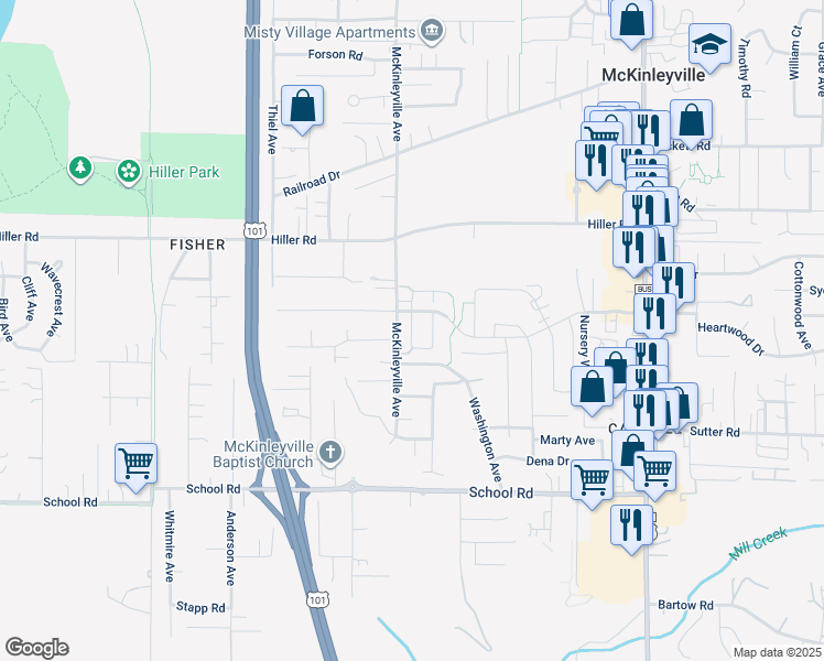 map of restaurants, bars, coffee shops, grocery stores, and more near Maplewood Drive in McKinleyville