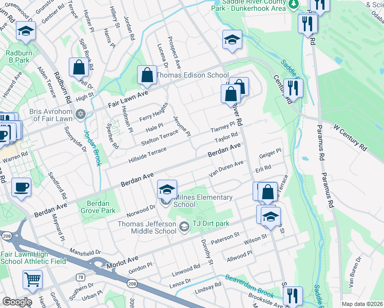map of restaurants, bars, coffee shops, grocery stores, and more near 38-47 Taylor Road in Fair Lawn