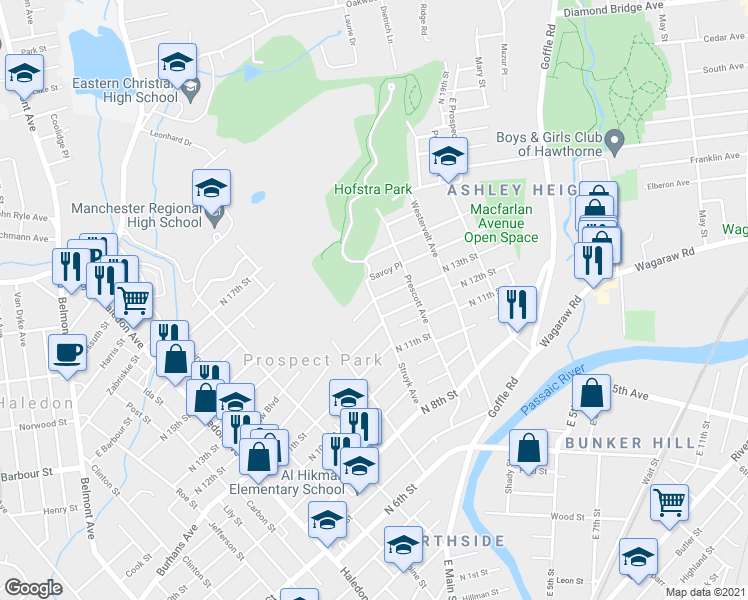 map of restaurants, bars, coffee shops, grocery stores, and more near 106 Struyk Avenue in Prospect Park